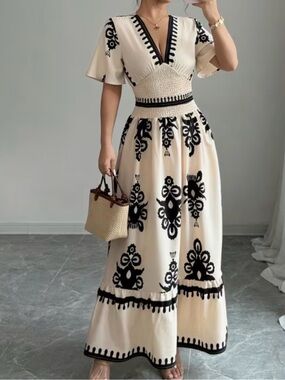 Cream Maxi Dress with Black Detail - Elegant V-Neck